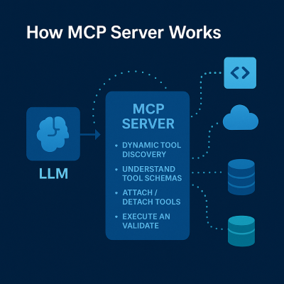 Diagram of an LLM connected to an MCP server, which discovers tool schemas, attaches and detaches tools, and executes and validates calls to code, cloud and database tools