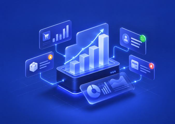 Dashboard showing predictive business insights, stock alerts, and payment alerts